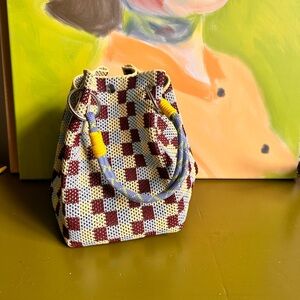 Handwoven Checkered Bucket Bag in Cream, Burgundy & Yellow